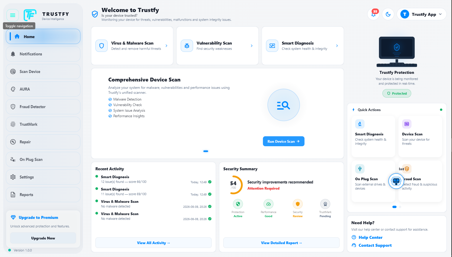 Trustfy dashboard showing scan status, quick actions, and security summary